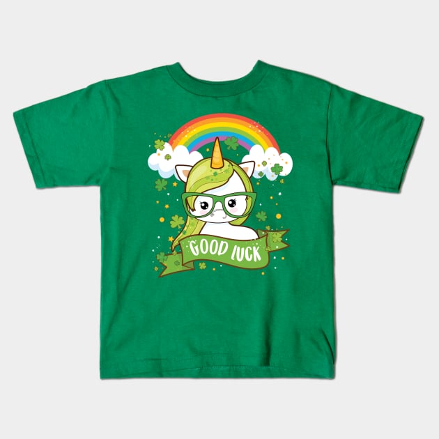 Kawaii Good Luck Rainbow St Patricks Day Unicorn Kids T-Shirt by Irene Koh Studio